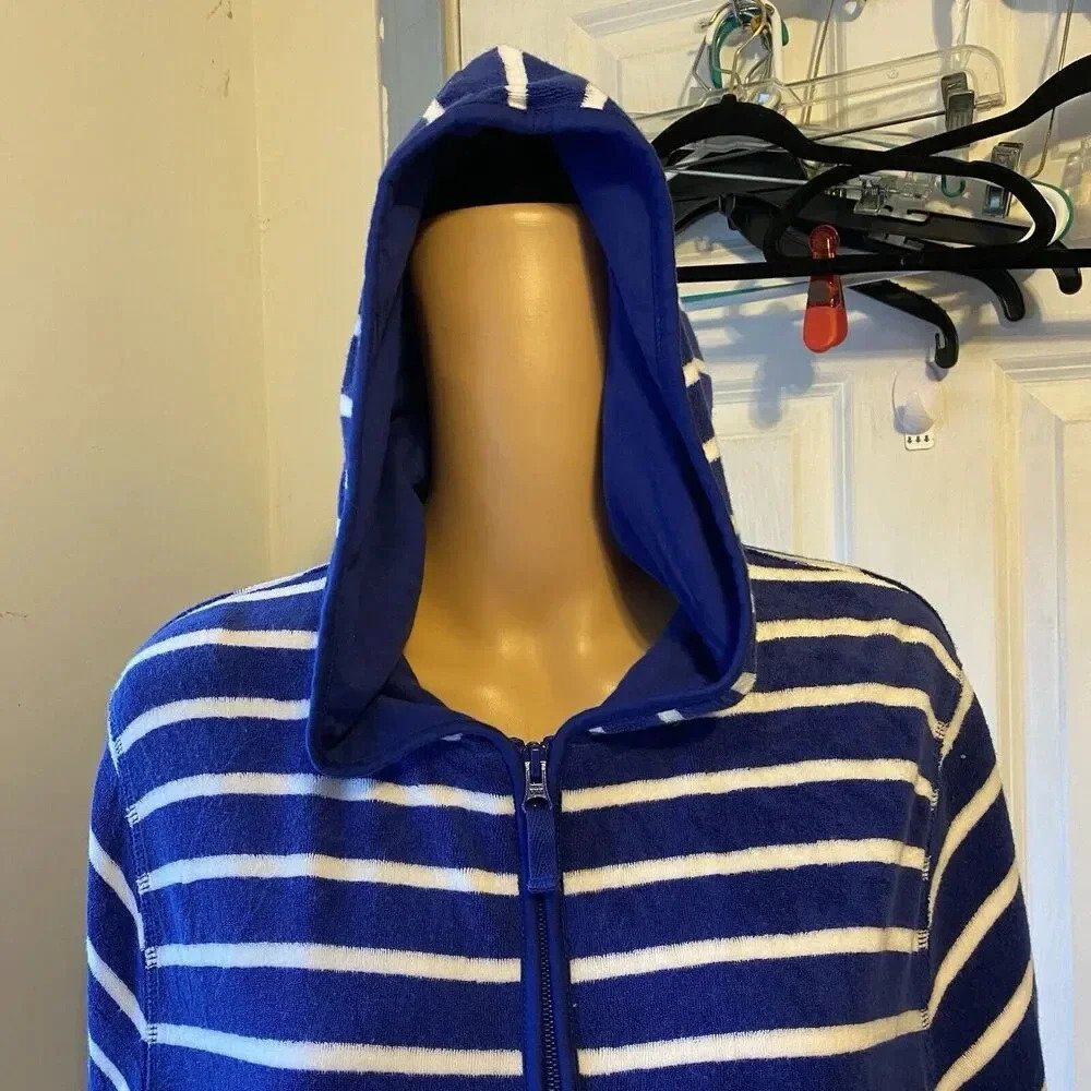 CJ Banks 1X Hoodie Sweater Jacket 1/4 Zip White Blue Striped Terry Cloth Comfort - Picture 7 of 8